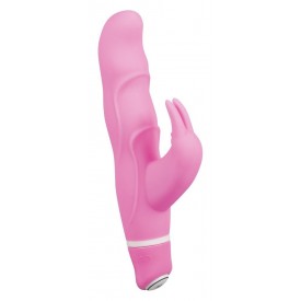 Розовый вибратор Smile Bunny с клиторальным зайчиком - 15 см.